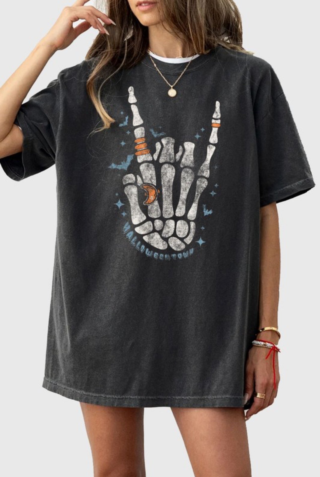 Skeleton Hand Mineral Wash Black Oversized Graphic T Shirt