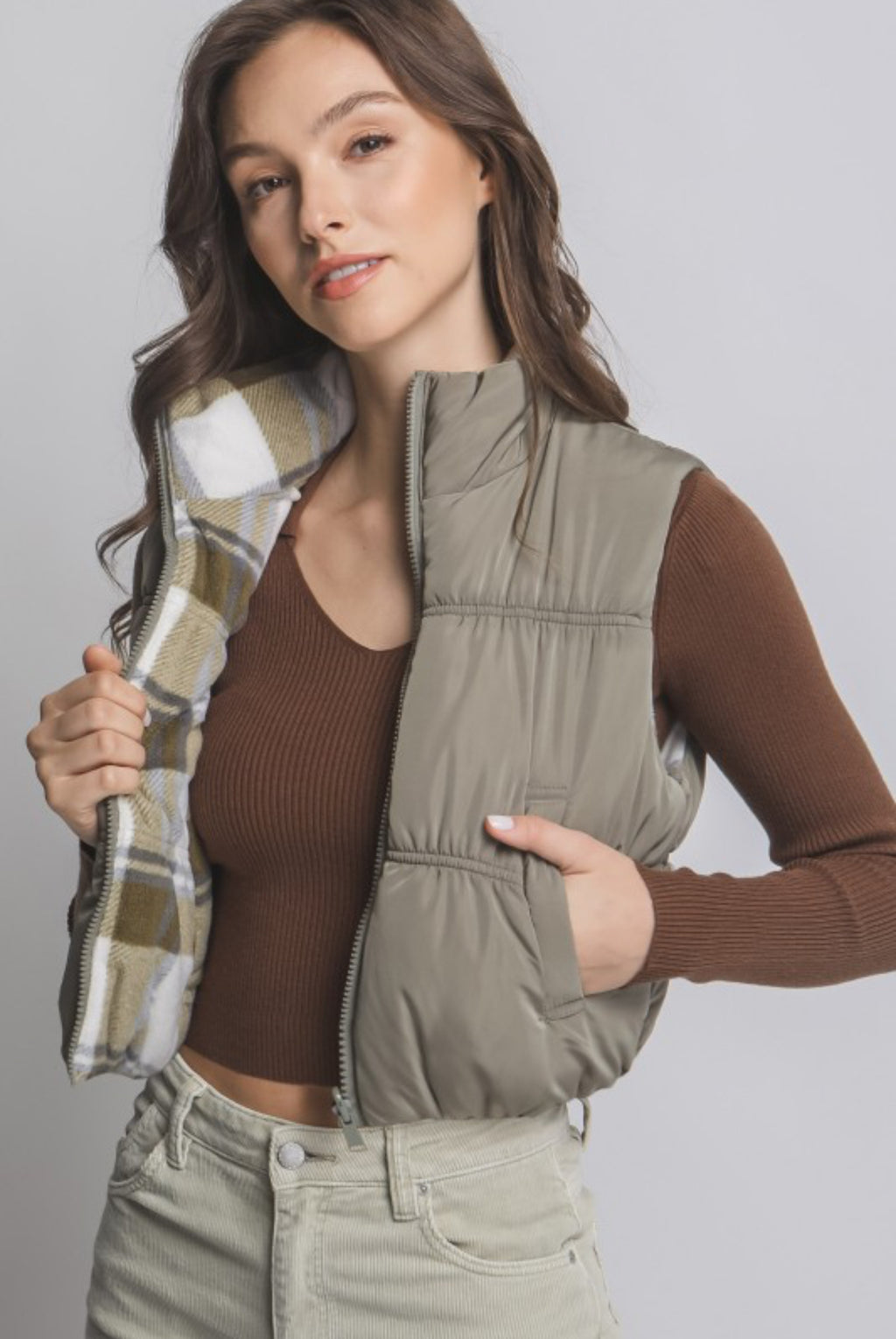 The Carson Reversible Olive Plaid Puffer Vest