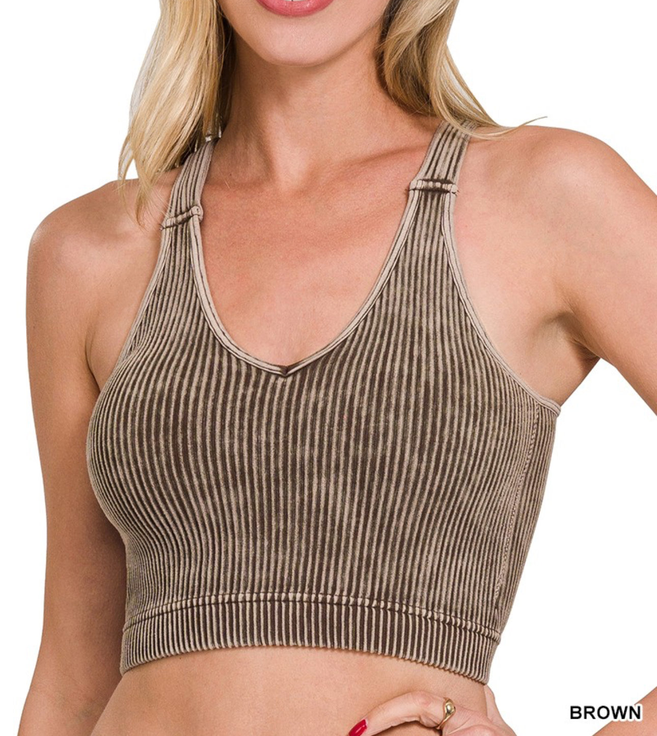 Brown Washed Ribbed Bra Padded Cropped Tank