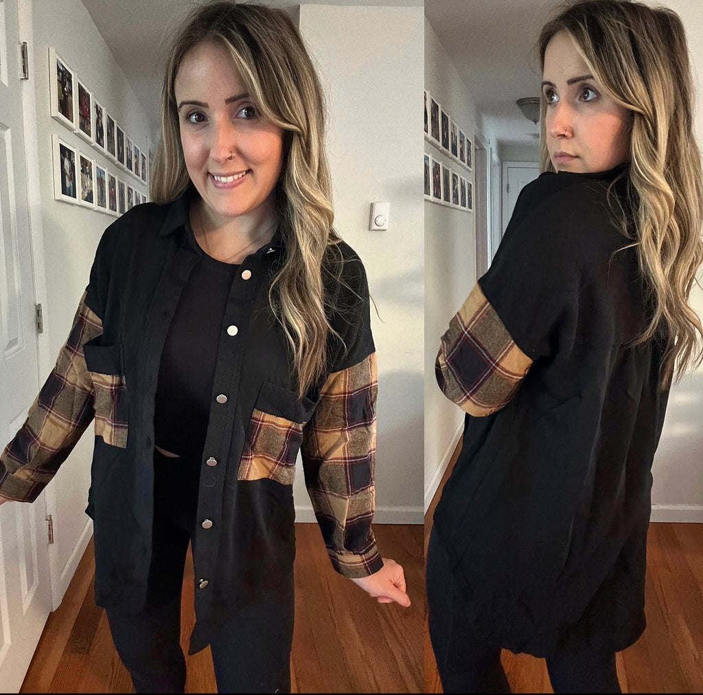 Campfire Nights Black Plaid Patchwork Oversized Shacket