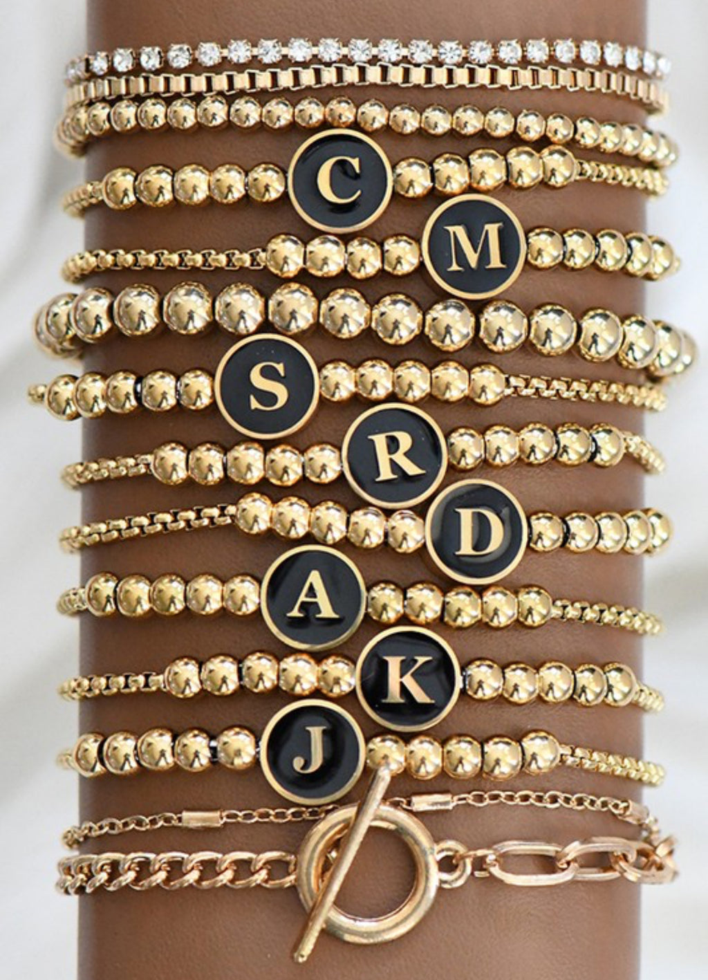 Gold Stainless Steel Initial Beaded Bracelet