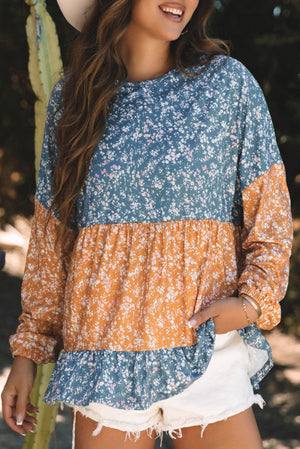 Hooked On You Floral Colorblock Long Sleeve Blouse