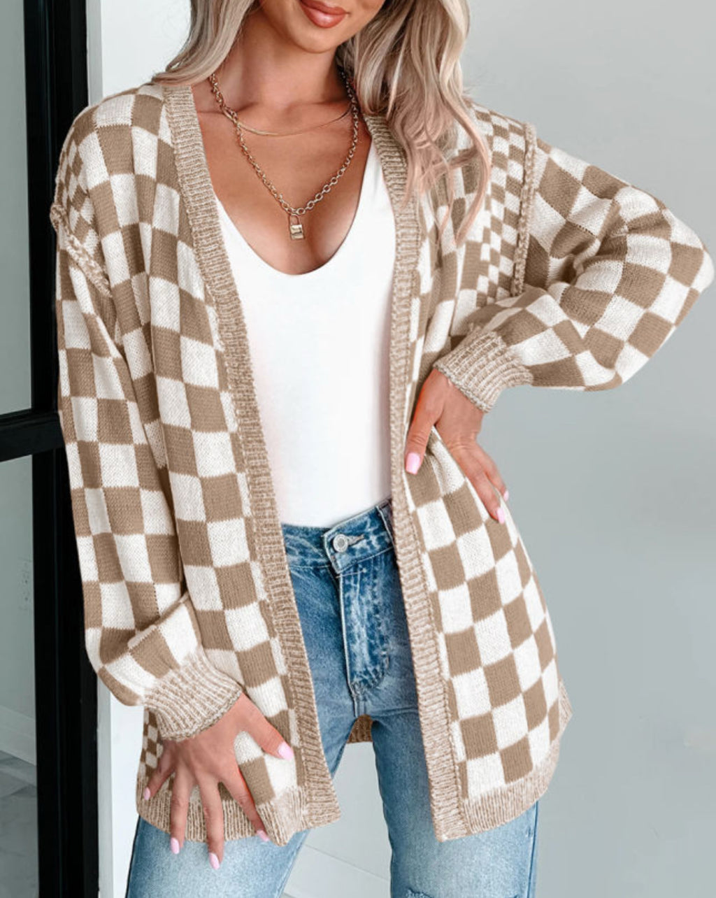 Fly High Mocha Checkered Cardigan