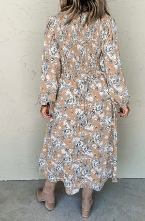 The Sutherland Khaki Smocked Floral Long Sleeve Dress