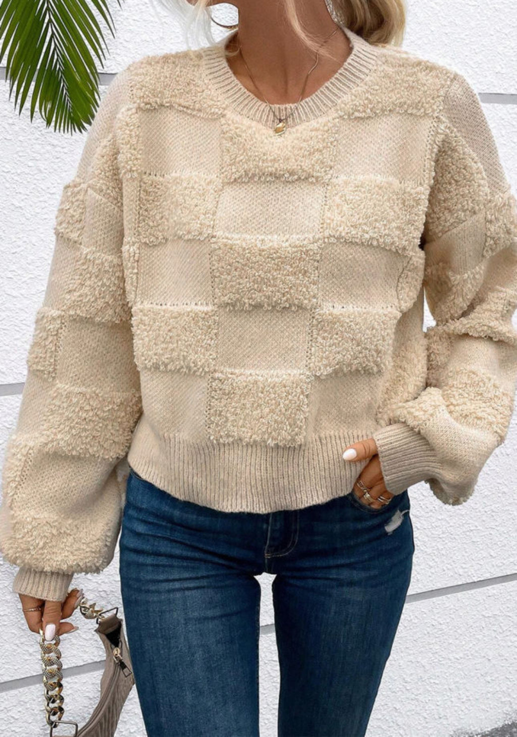 PREORDER The Kalilah Taupe Checkered Sherpa Sweater