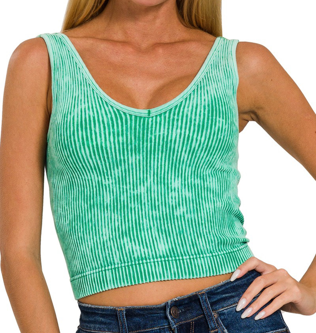 Kelly Green Washed Ribbed Bra Padded Cropped Tank