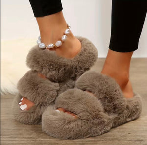 Khaki Luxe Double Band Fluffy Slippers