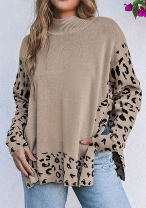 PREORDER The Kyleigh Khaki Side Slit Oversized Leopard Sweater