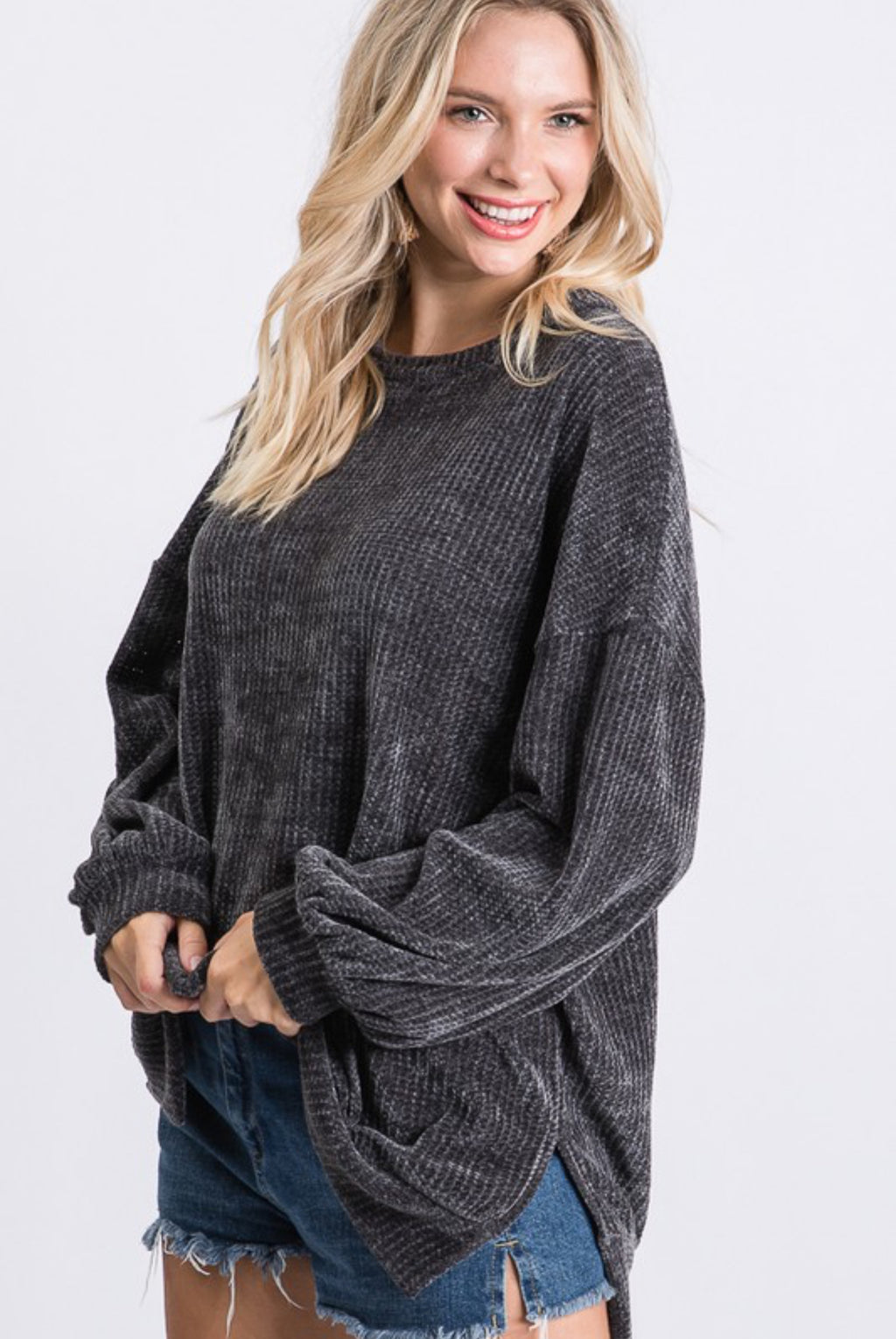 The Ronnie Chenille Knit Charoal Long Sleeve Top