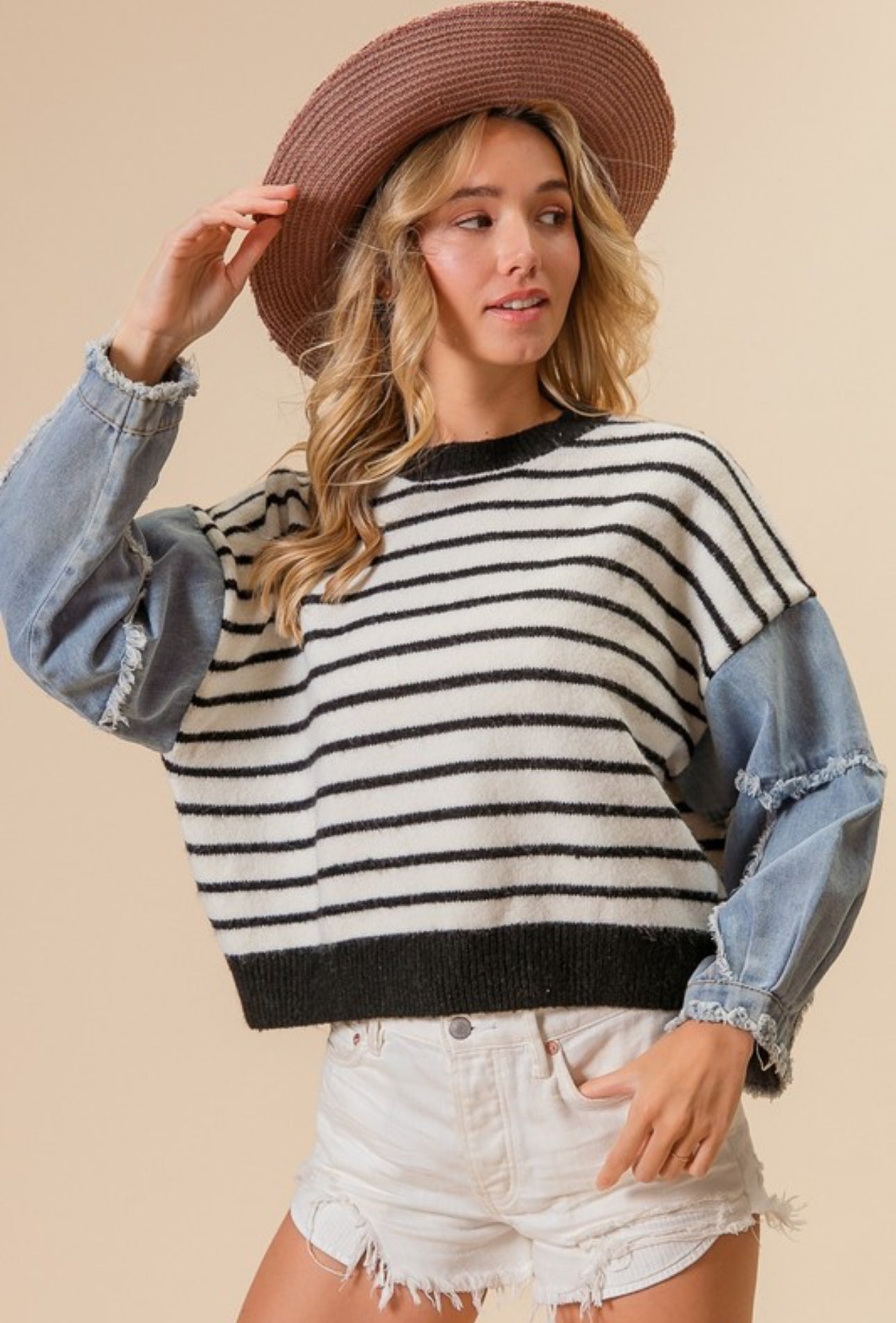 Oh So Chic Washed Denim Sleeve Striped Sweater