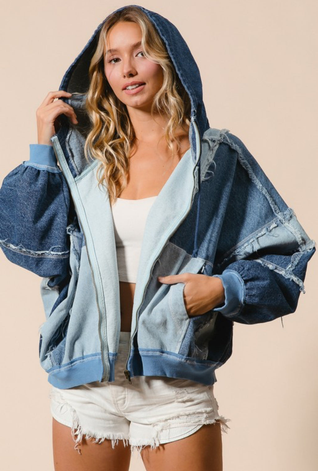 Truth Or Dare Denim Colorblock Zip Up Hoodie