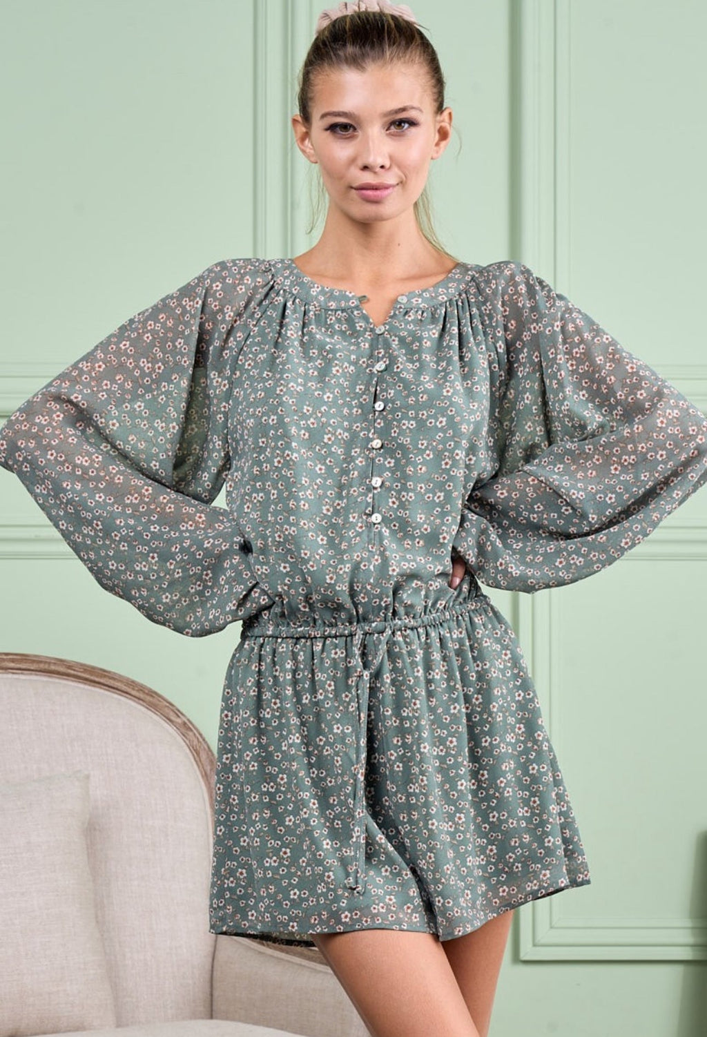 PREORDER Pretty On Point Dusty Green Floral Romper