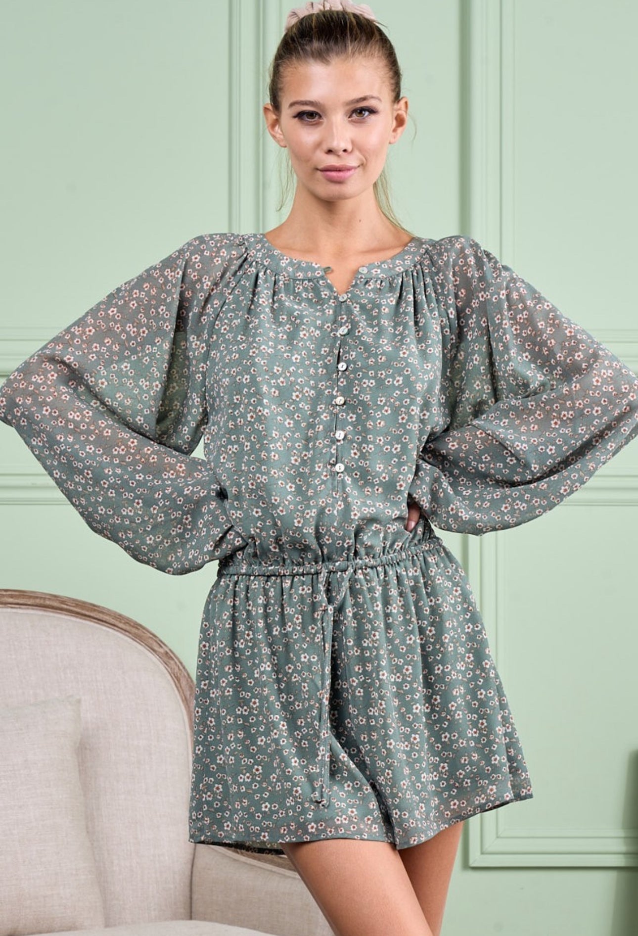 Pretty On Point Dusty Green Floral Romper