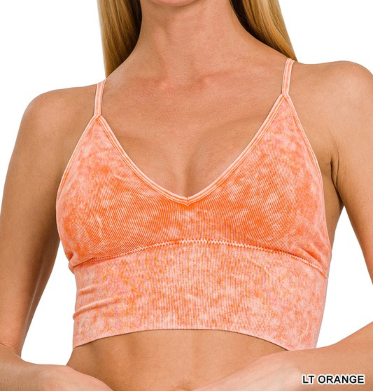 Light Orange Washed Ribbed Bra Padded Spaghetti Strap Tank