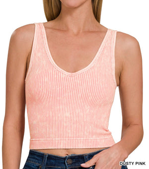 Dusty Pink Washed Ribbed Bra Padded Cropped Tank