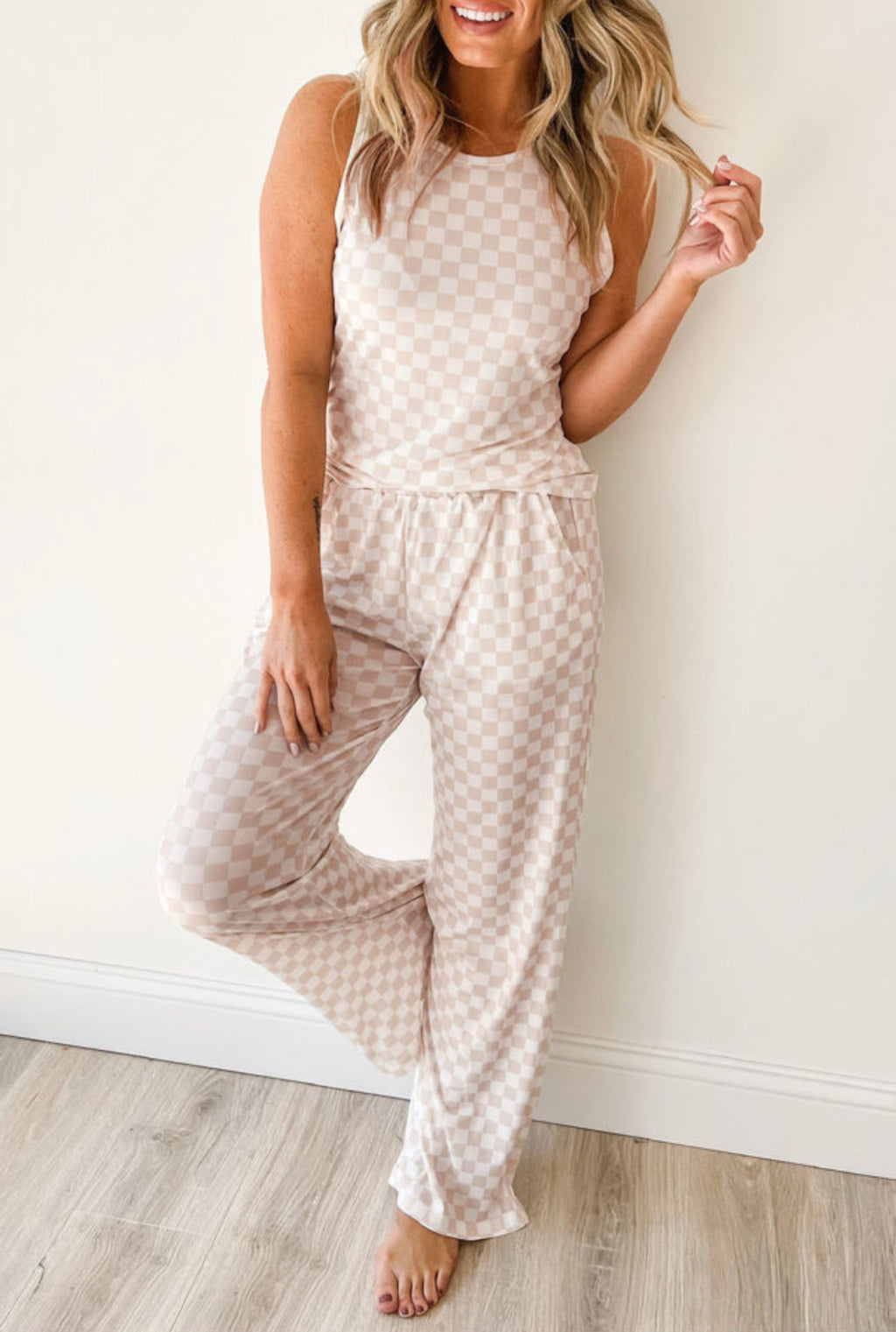 The Twisted Love Neutral Plaid 2PC Lounge Set
