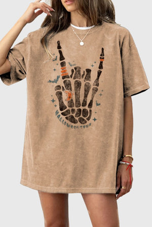 Skeleton Hand Mineral Wash Taupe Oversized Graphic T Shirt