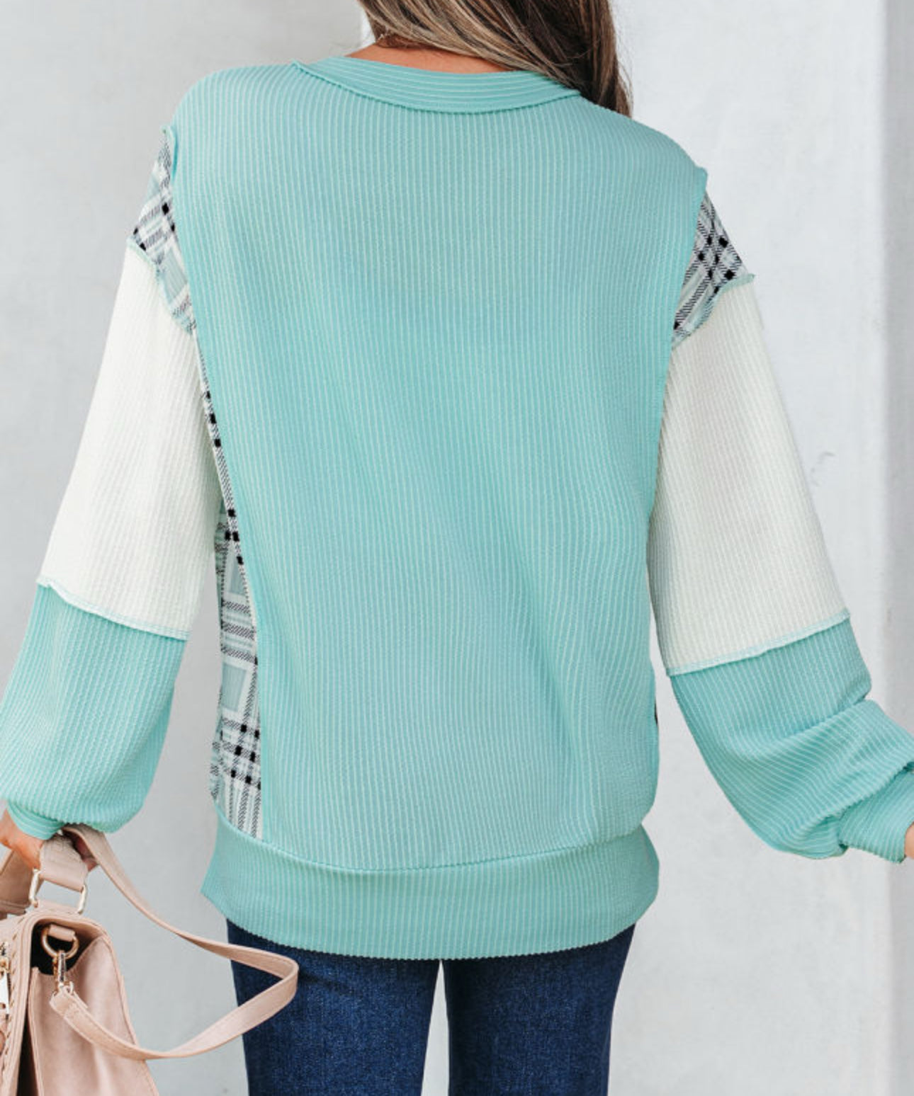 Breakfast At Tiffany’s Blue Color Block Patchwork Long Sleeve Top