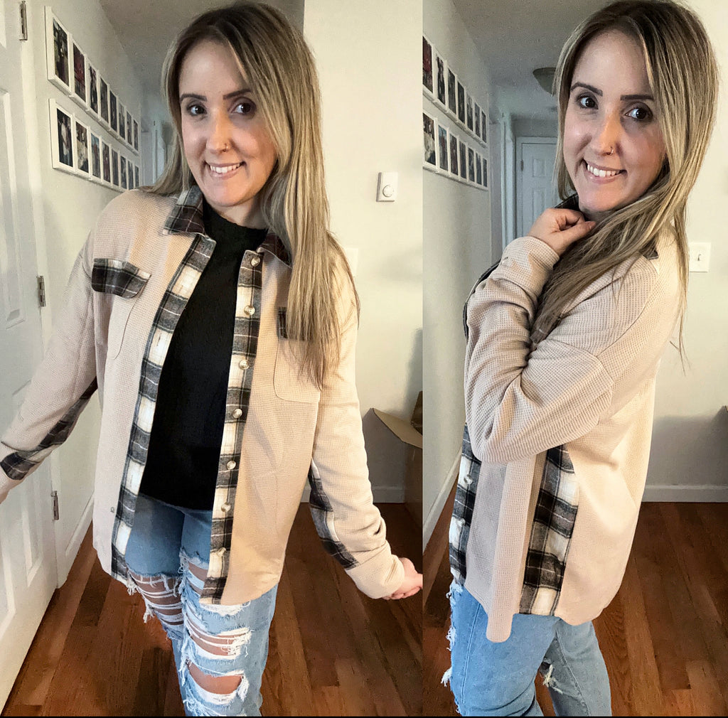 Spice Harvest Plaid Patchwork Waffle Knit Shacket
