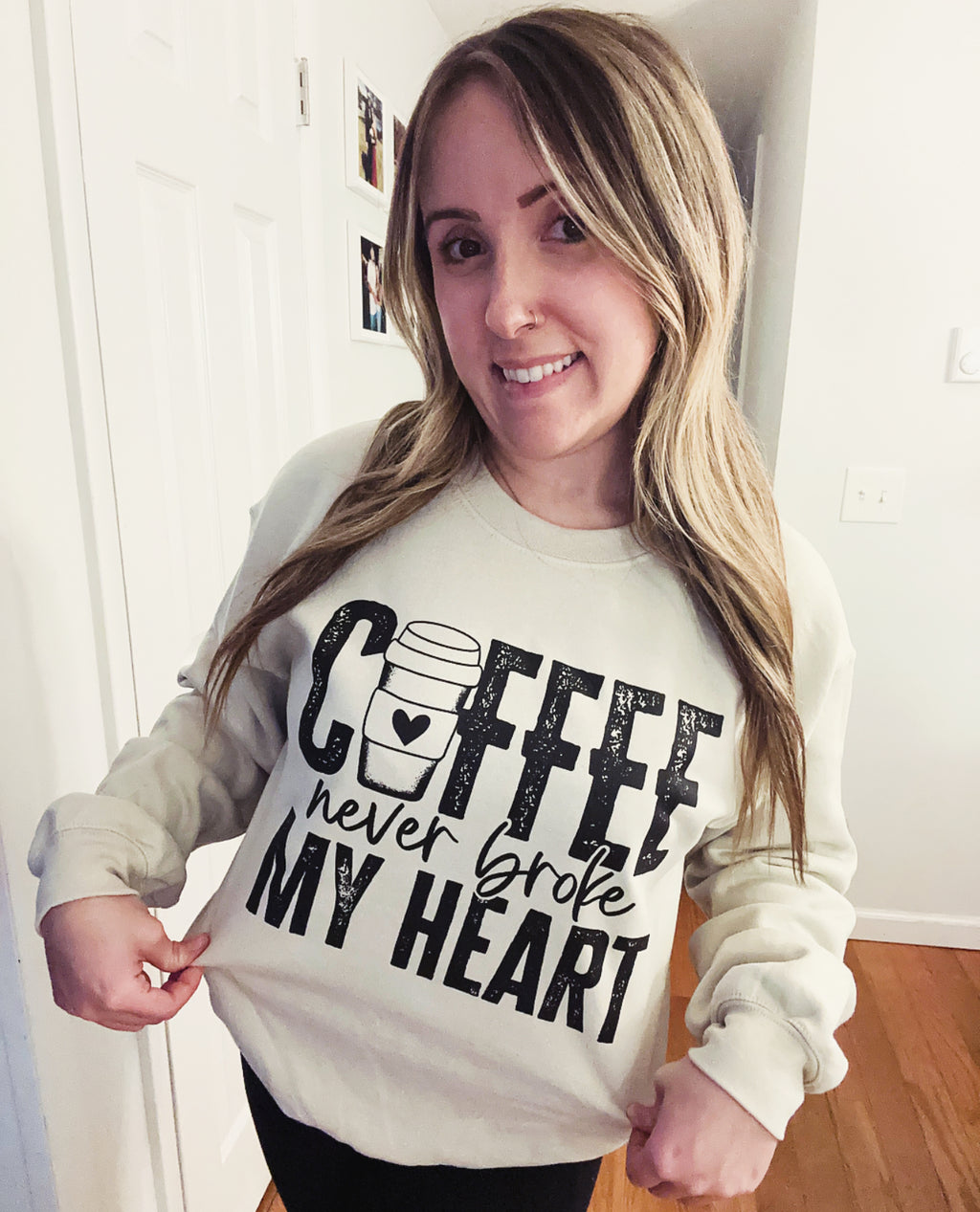 Coffee Never Broke My Heart Sand Full Size UNISEX Fleece Sweatshirt