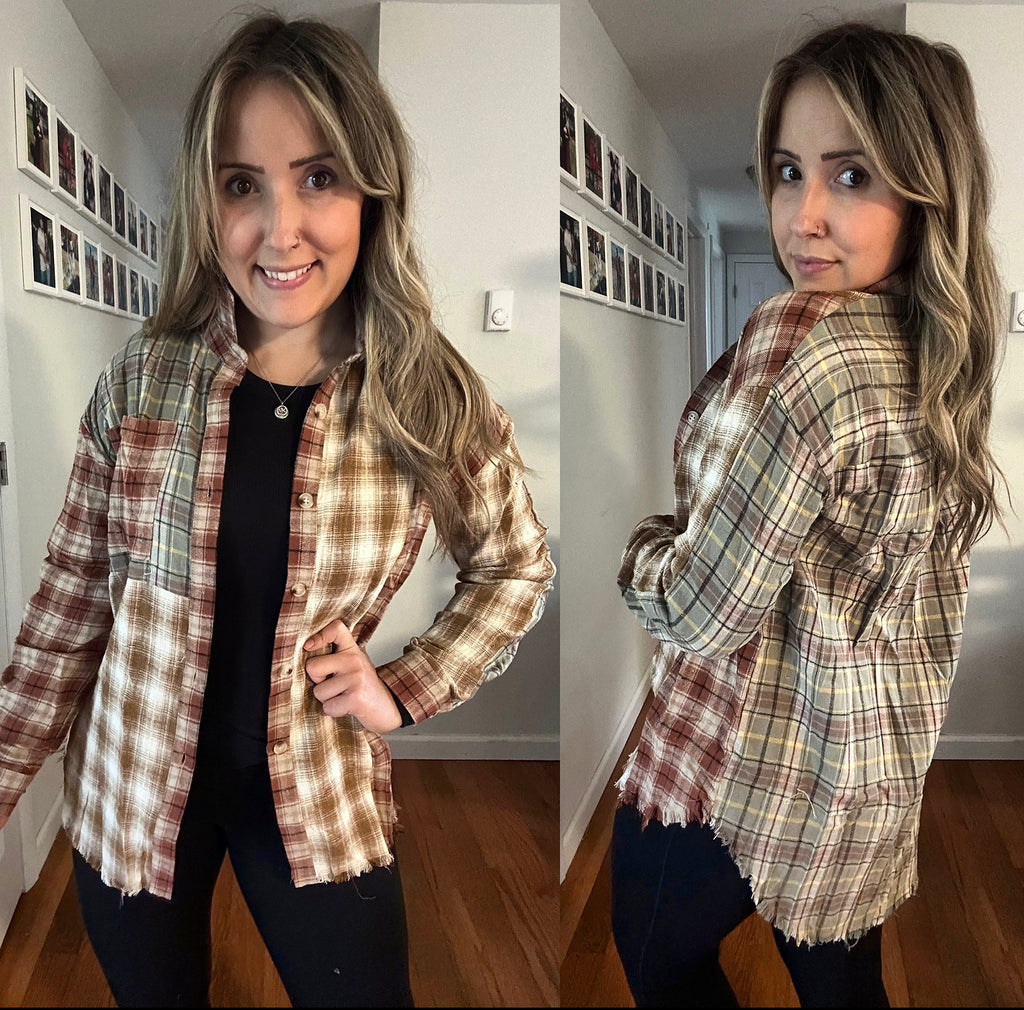Spice Girl Multi Color Plaid Patchwork Raw Edge Top