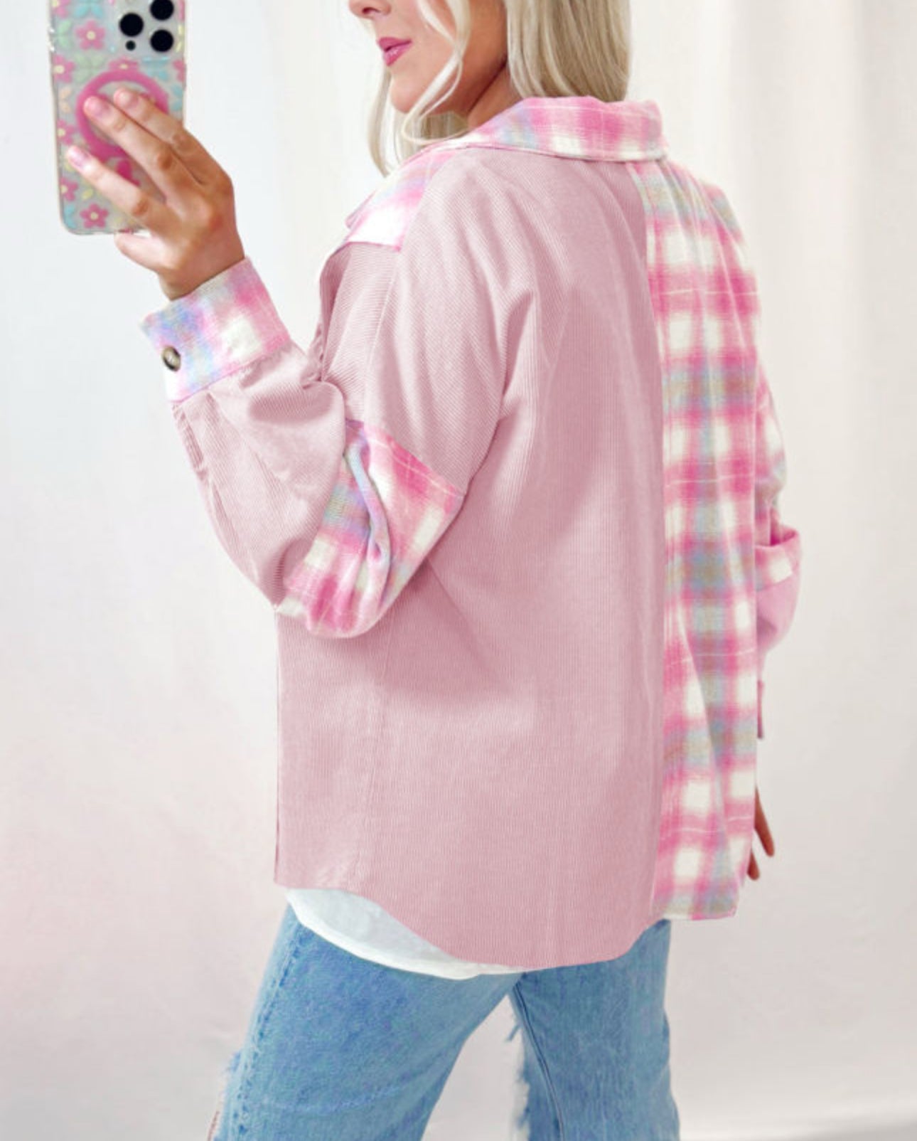 Cotton Candy Corduroy Plaid Button Down Shacket