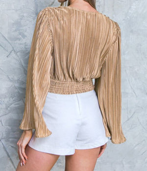 Shine Bright Pleated Twist Bell Sleeve Cropped Blouse