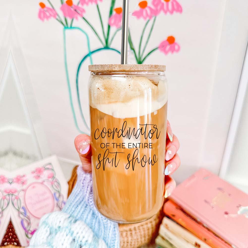 Coordinator Of The Entire Shit Show Glass Tumbler Cup With Bamboo Lid