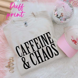 Caffeine & Chaos Puff Print White Unisex Sweatshirt