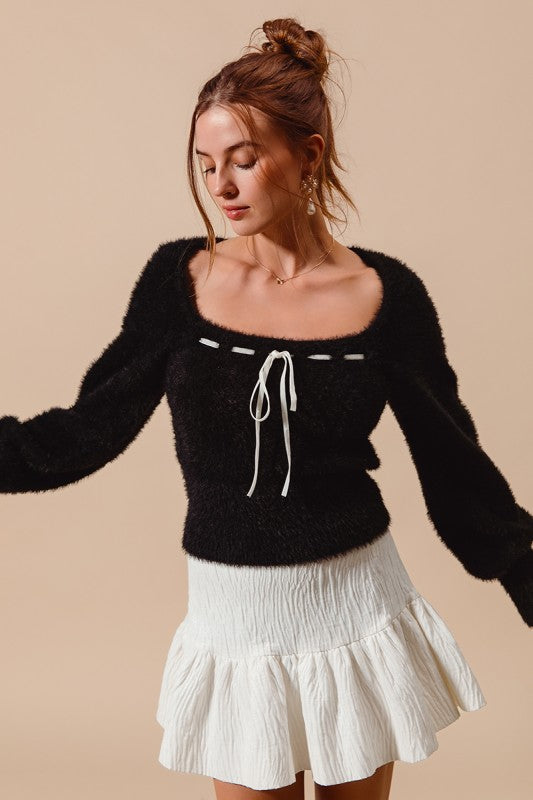 Home For The Holidays Black Bow Fuzzy Long Sleeve Sweater Top