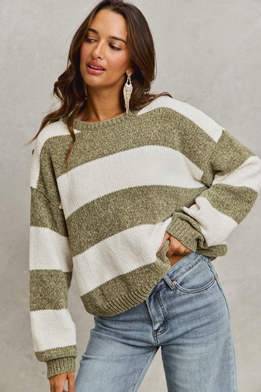 Our Future Self Olive Chenille Stripe Sweater