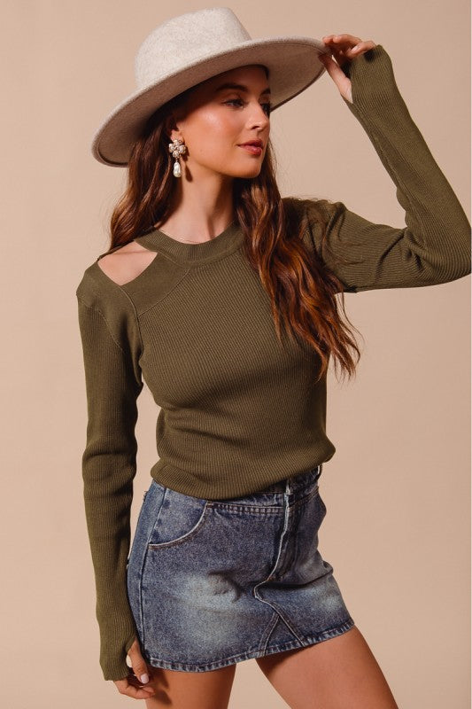 Foxy Babe Olive Cutout Ribbed Long Sleeve Top