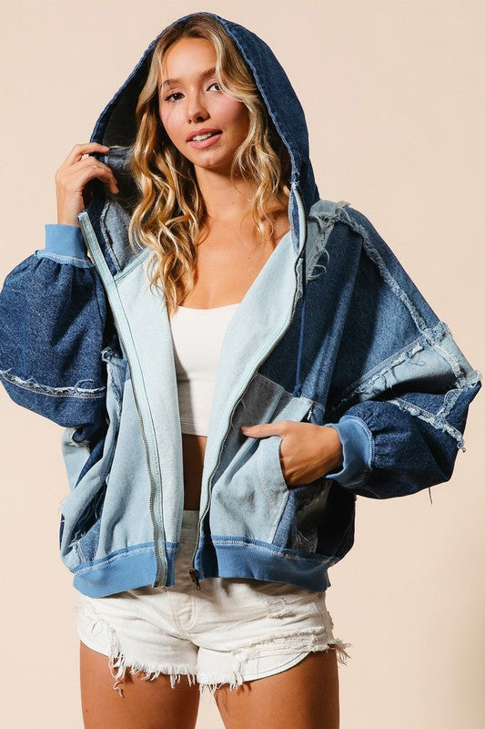 The Raya Color Block Washed Denim Zip Up Hoodie