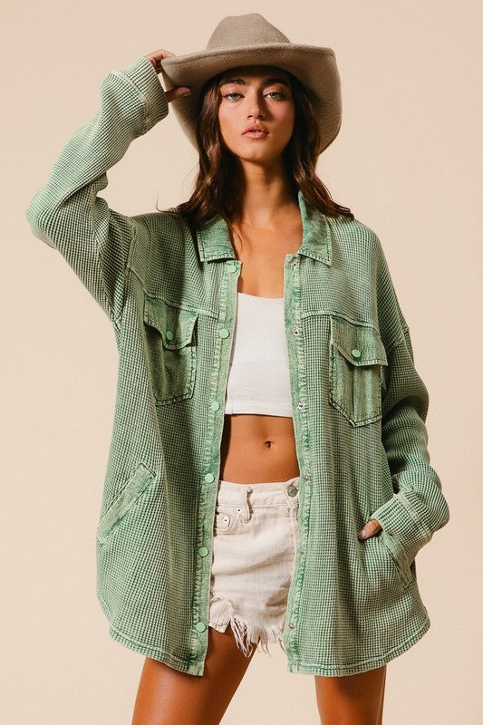 The Olivia Sage Button Down Thermal Waffle Knit Shacket