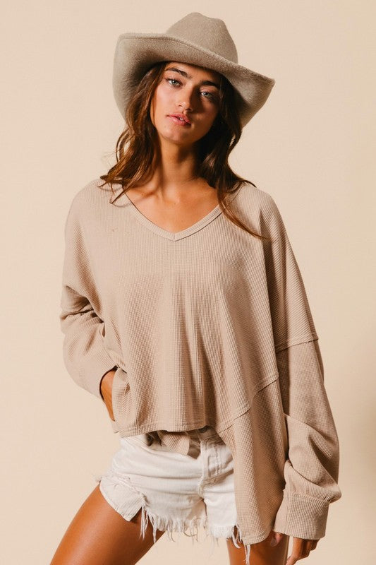 The Pixie Vintage Latte Thermal V Neck Long Sleeve
