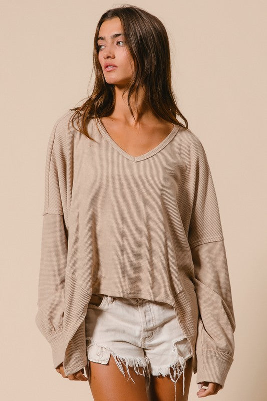 The Pixie Vintage Latte Thermal V Neck Long Sleeve