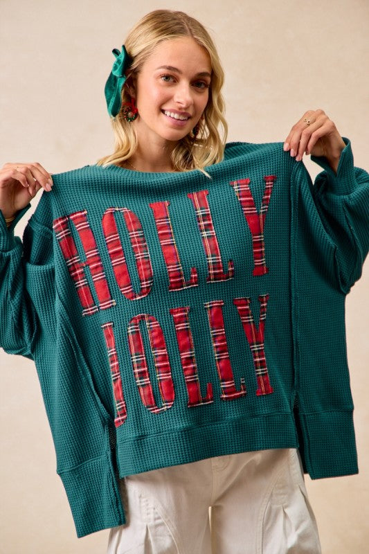 Holly Jolly Plaid Oversized Waffle Knit Sweatshirt