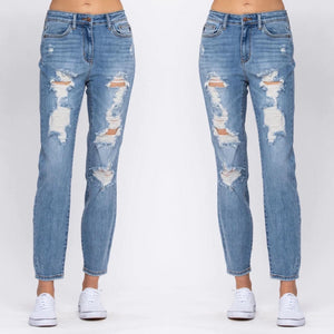Stand Out High Rise Distressed Boyfriend Judy Blue Denim Jeans