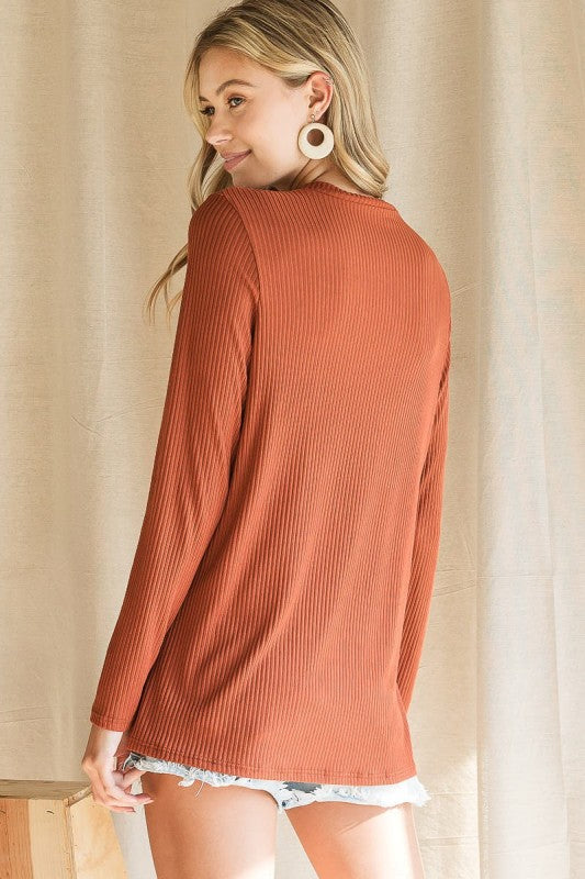 The Mikayla Rust Rib Knit Cutout Long Sleeve