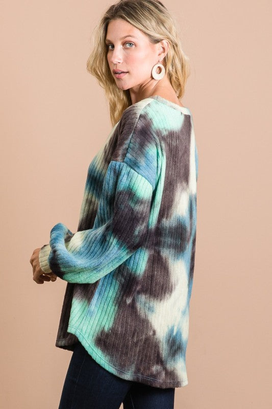They Shayla Tie Dye Ribbed V Neck Long Sleeve