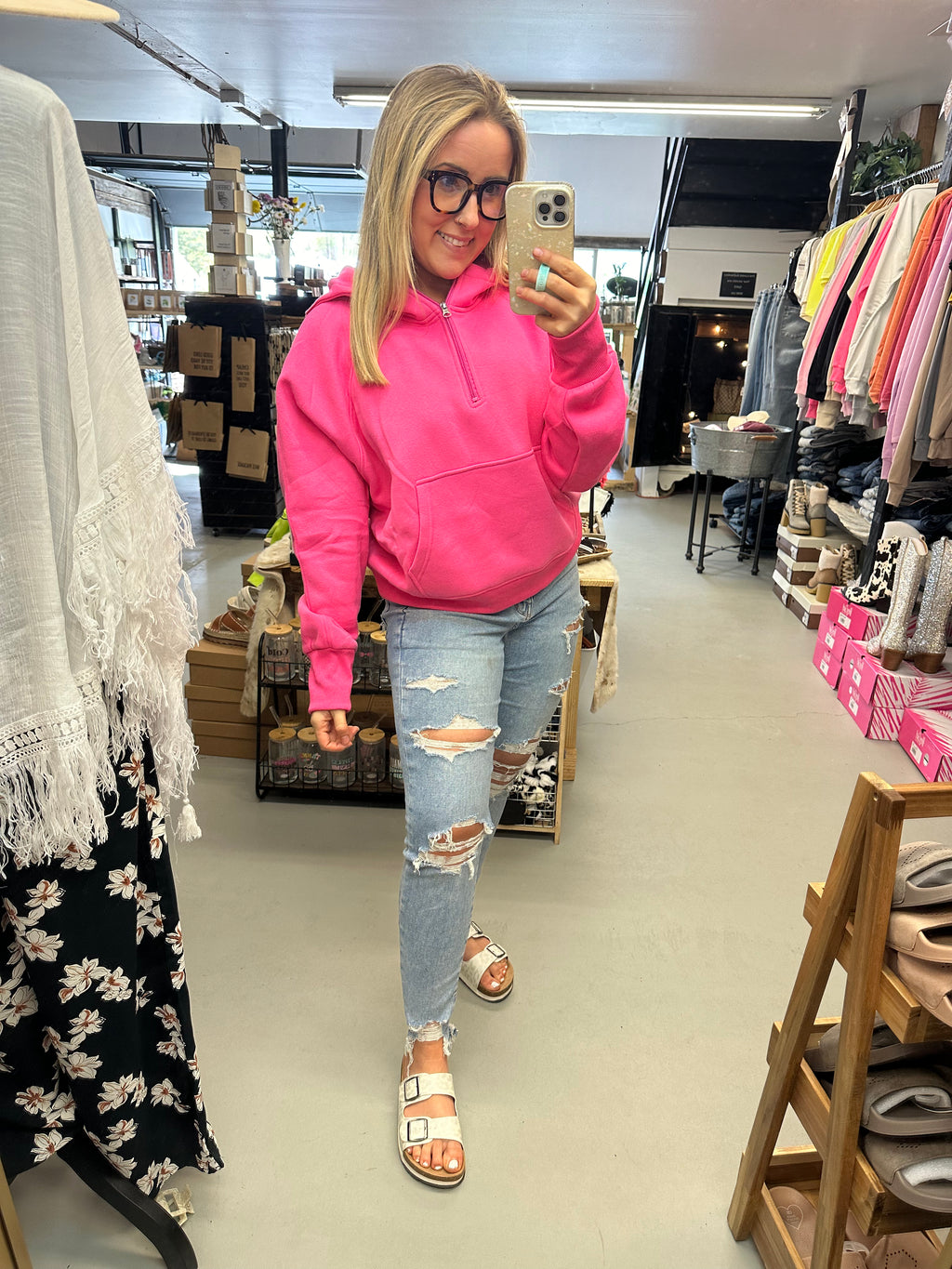 Kenna Pink Hooded Quarter Zip Pullover