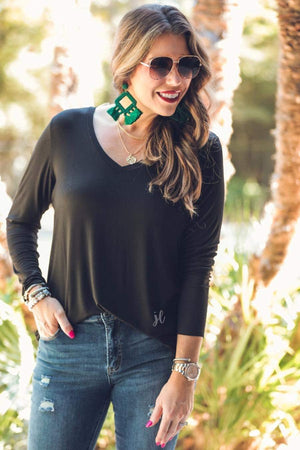 Basic Long Sleeve Black V-Neck Tee