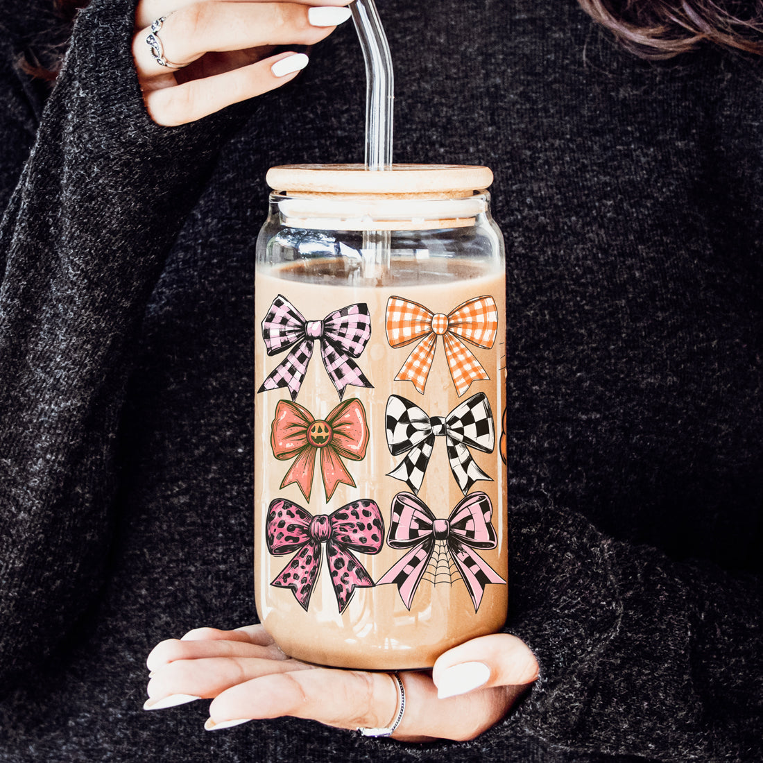 Fall Bows Glass Tumbler Cup With Bamboo Lid