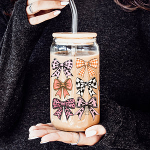 Fall Bows Glass Tumbler Cup With Bamboo Lid