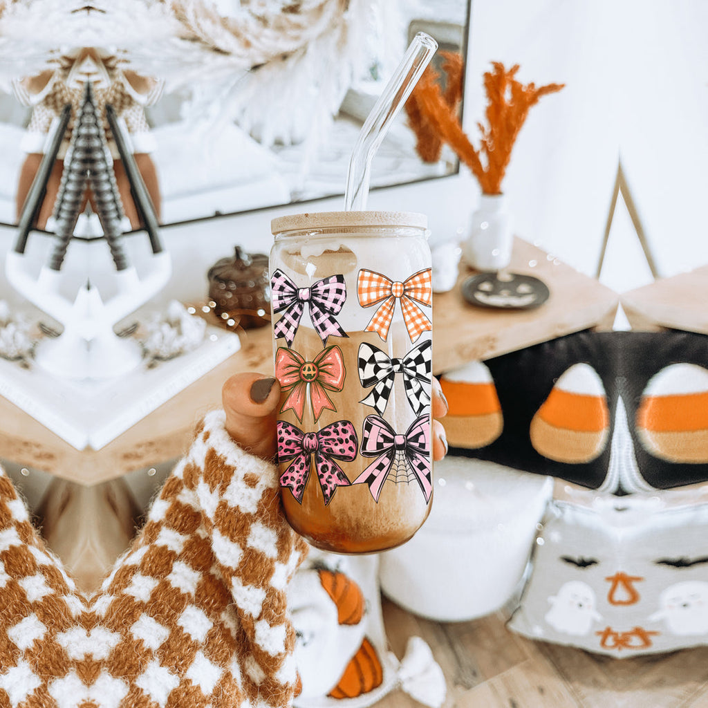 Fall Bows Glass Tumbler Cup With Bamboo Lid