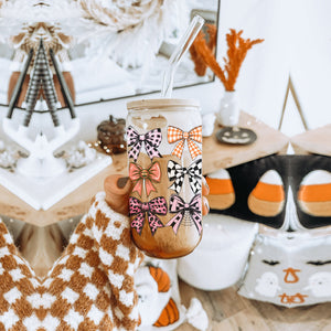 Fall Bows Glass Tumbler Cup With Bamboo Lid