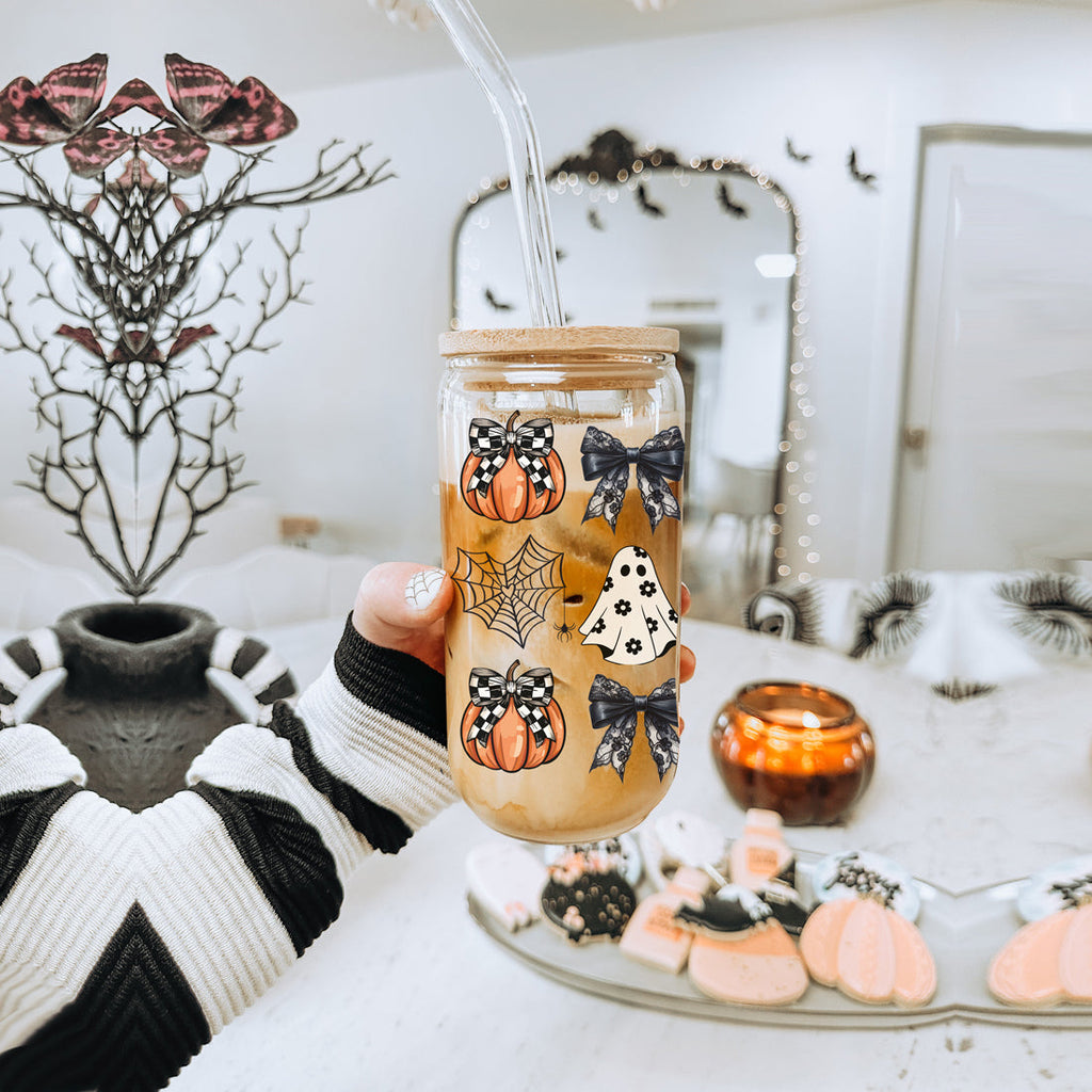 Spooky Season Glass Tumbler Cup With Bamboo Lid