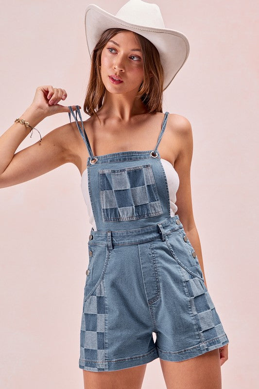 Check Me Out Gingham Washed Denim Short Overalls