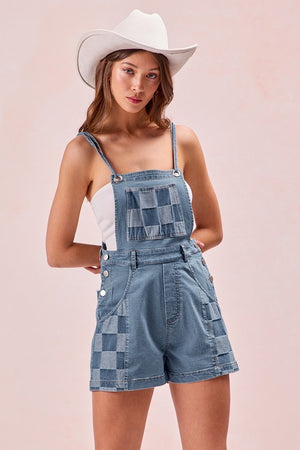 Check Me Out Gingham Washed Denim Short Overalls