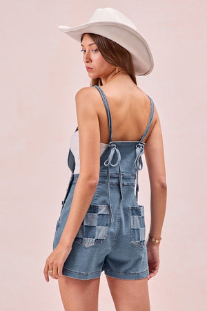 Check Me Out Gingham Washed Denim Short Overalls